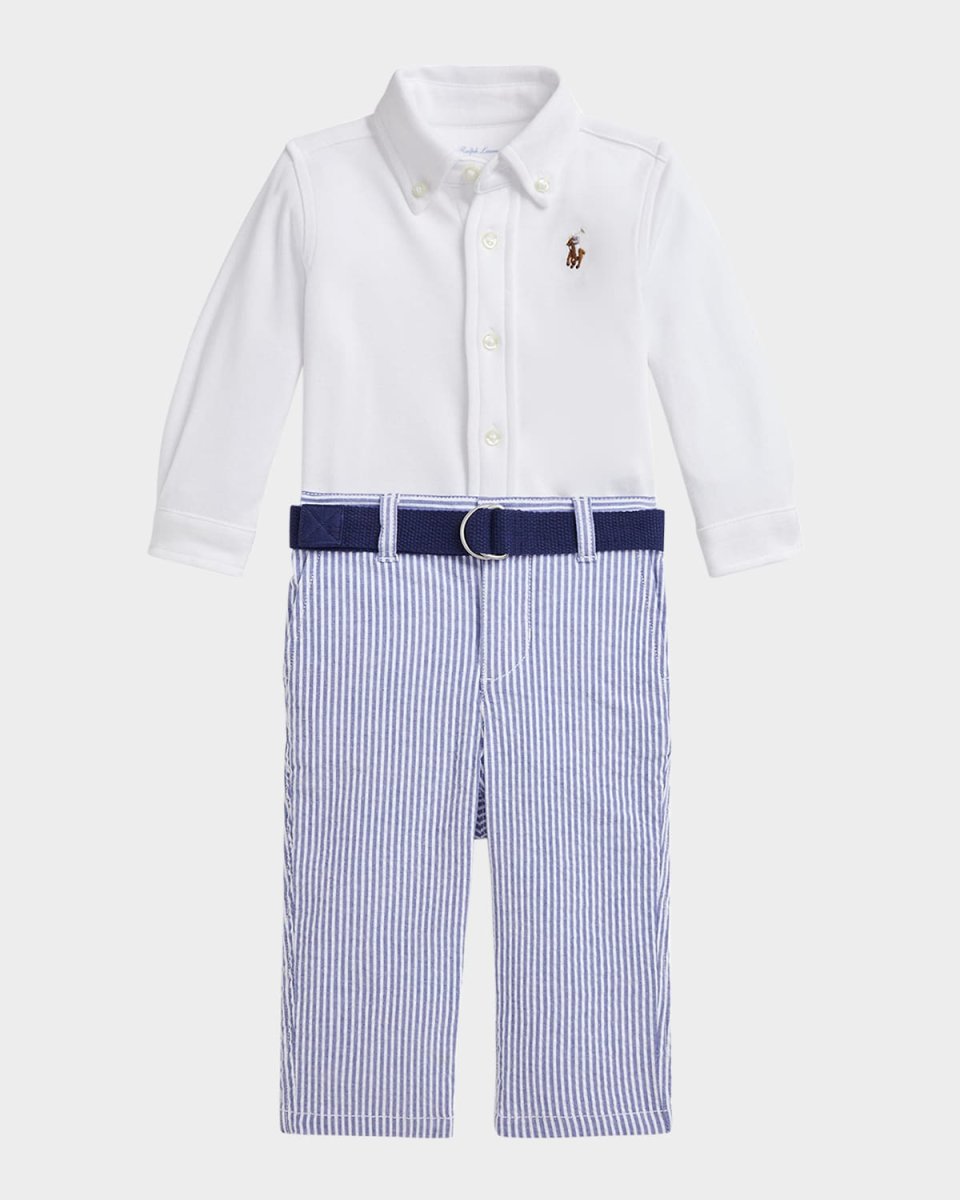 Kid's Cotton Shirt & Seersucker Belted Pants Set, Size 3M-24